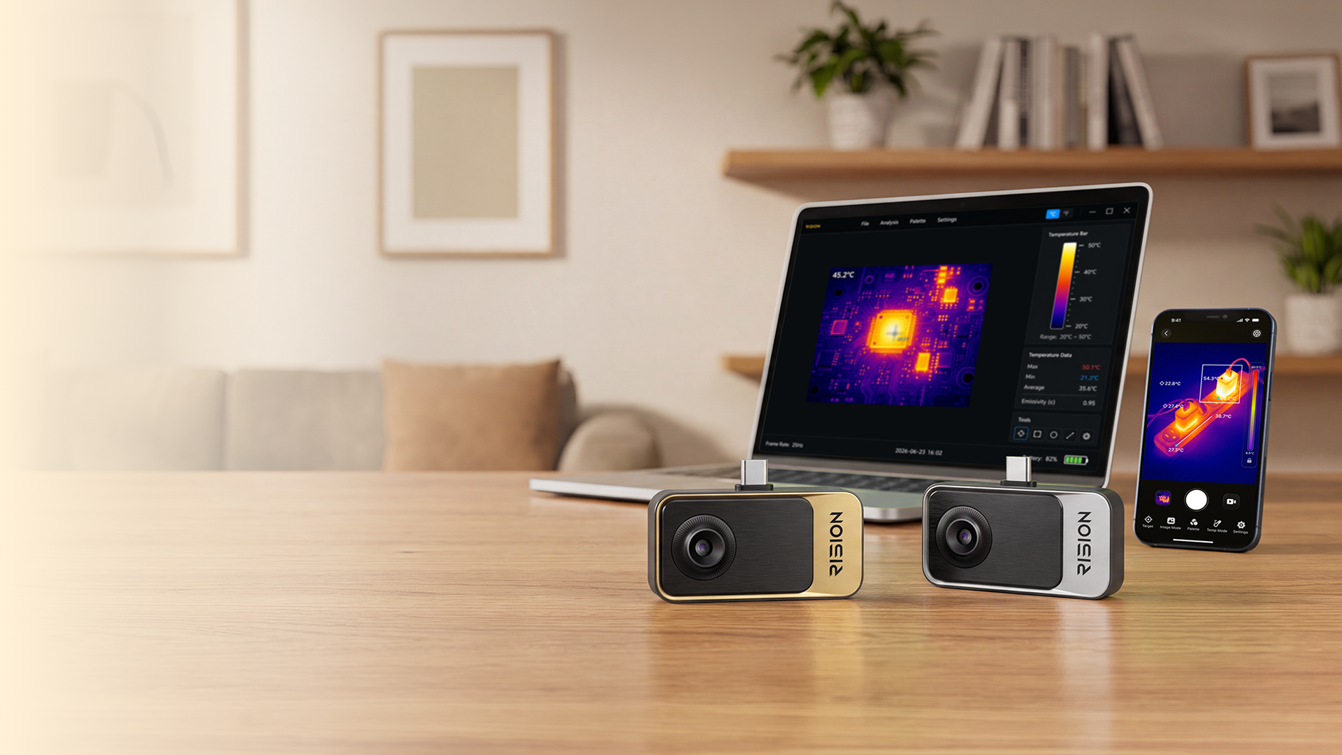 RISION Magic smartphone thermal camera for grab-and-go home inspection.
RISION Magic Pro AI dual-light smartphone thermal camera